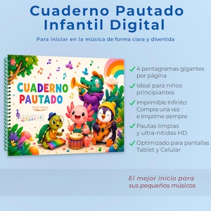 Può includere: Un quaderno di musica digitale per bambini con rilegatura a spirale e una colorata illustrazione di copertina che mostra una tartaruga, un axolotl, un coccodrillo e un pinguino che suonano strumenti. Il testo riporta Cuaderno Pautado, Mundo América.