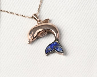 Vintage 1980s Lenox Sterling Silver Dolphin Pendant Necklace with Blue Stone (20" Chain)