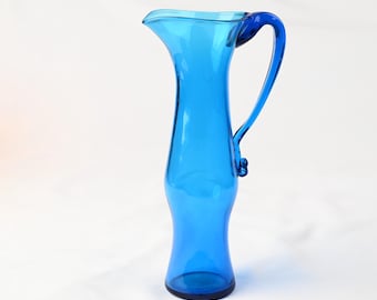 Vintage Blenko Turquoise Blue Pitcher #6030M, 1960 MCM Hand Blown Art Glass