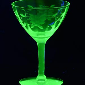 Vaseline Glass Champagne Coupe: Art Deco Etched Floral Uranium Stemware