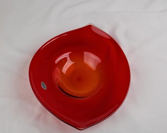 Vintage Blenko Ruby Red Asymmetrical Bowl #955L, Silver Label Anderson MCM Art Glass
