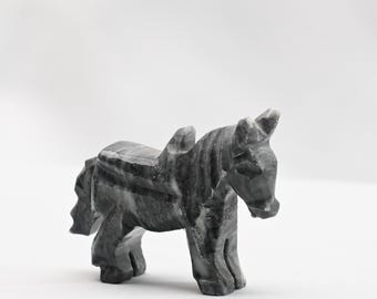 Vintage Hand Carved Black Marble Donkey Figurine | Southwestern Decor | Veined Marble