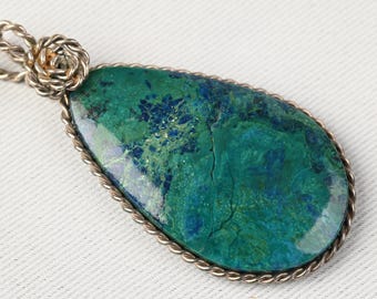 Vintage Chrysocolla Azurite Quartz Pendant, Silver Wire Wrapped Neon Blue Green Stone, Tucson Arizona Jewelry, Early 1990s