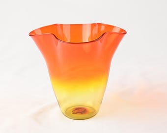 Vintage Blenko Tangerine Yellow Orange Vase #404, 1957-1961 MCM Hand Blown Art Glass
