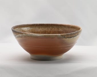 Vintage Studio Art Pottery Stoneware Bowl, Warm Russet & Cream Glaze, Iron-Speckled Interior, Signed NHE