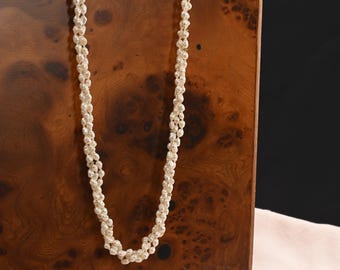 Vintage 1980s Triple Strand Freshwater Rice Pearls Necklace, Hand-Knotted Opera Length, Filigree Clasp