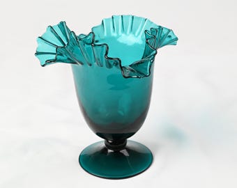 Blenko Turquoise Blue Rippled Edge Pedestal Vase #388, 1959 MCM Hand Blown Art Glass