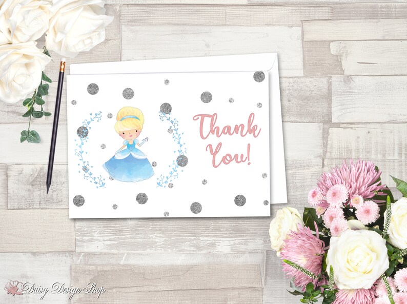 Set of 10 with Envelopes Thank You Cards Shipping Princess Cinderella and Laurel in Watercolor Style FREE U.S