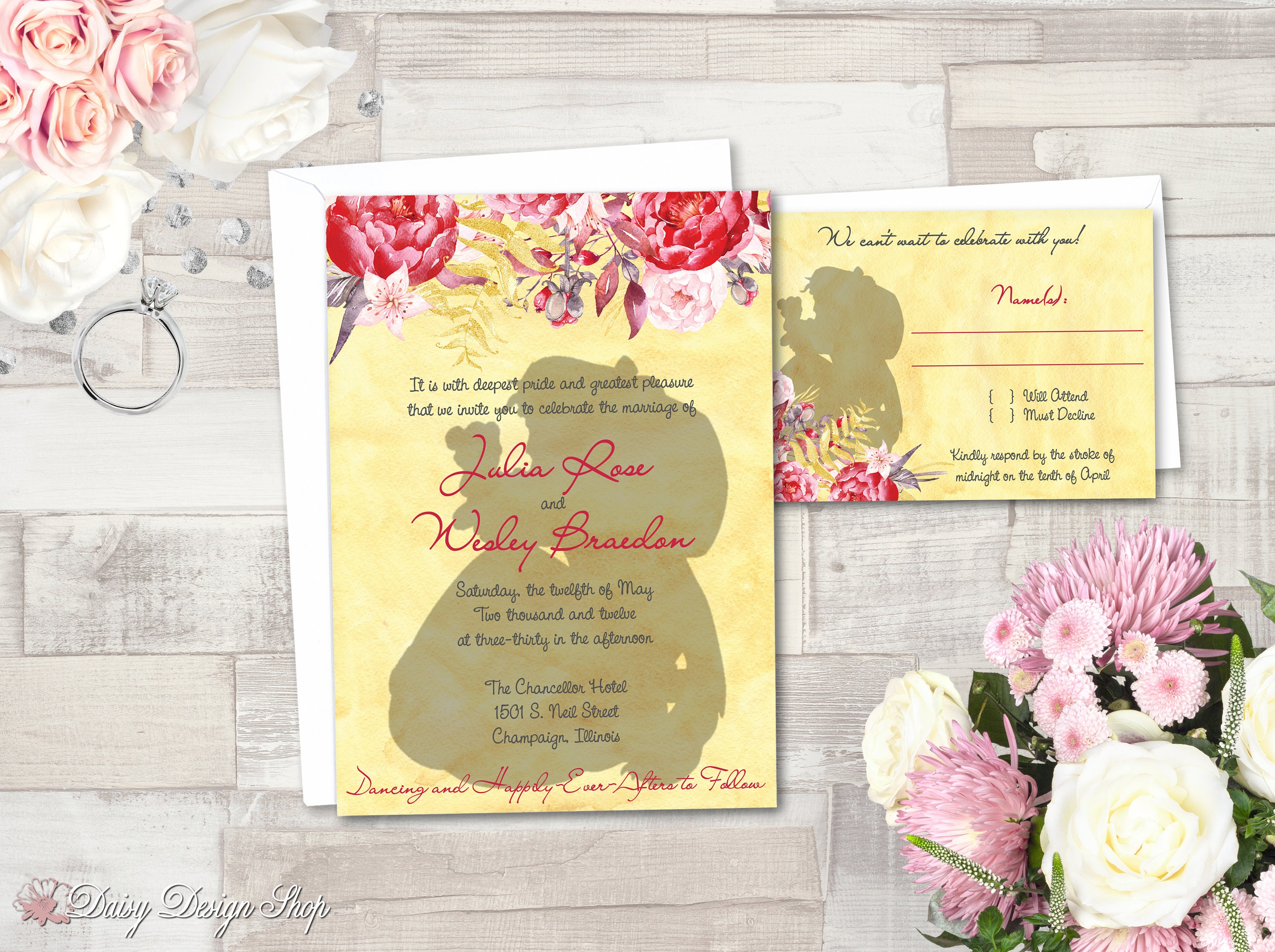 Wedding Invitation Beauty And The Beast Silhouette With Roses Princess Belle Invitation And Rsvp Card With Envelopes