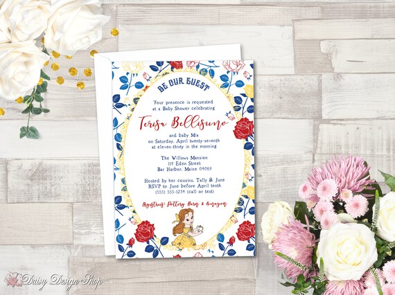 baby shower invitation printable - baby princess belle - beauty and the  beast floral and frame - jpeg/pdf files to print yourself