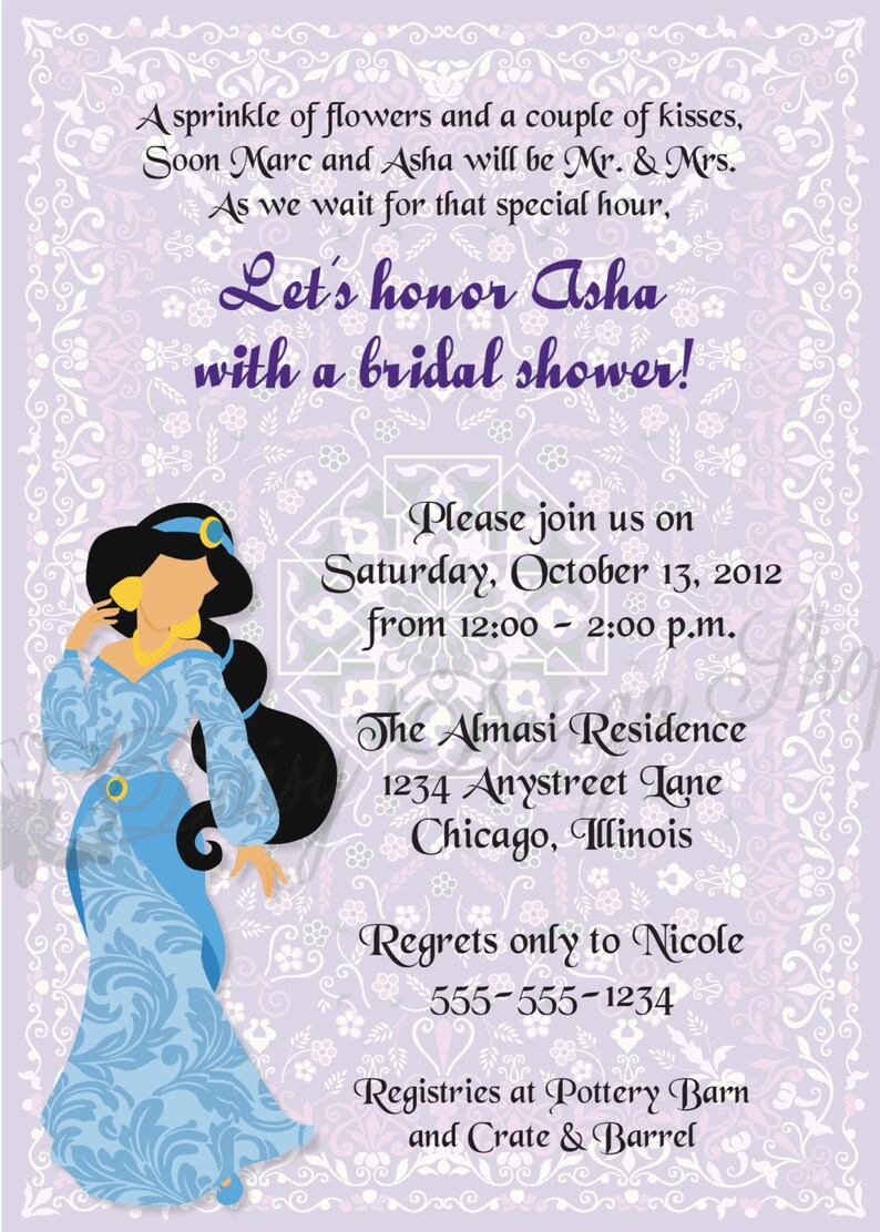 Download Bridal Shower Invitation Printable Princess Jasmine Silhouette With Arabesque Background Jpegpdf Files To Print Yourself Invitations Invitations Announcements