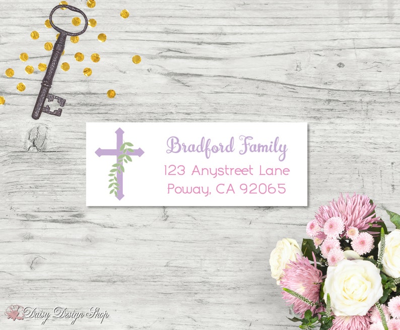 120 self-sticking labels with FREE U.S Religious Baptism Holy Communion Shipping Cross with Leaves Return Address Labels