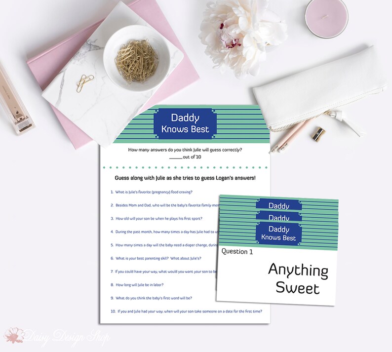 Baby Shower Game Includes Answer Sheets for Guests and Answer Reveal Cards for Host Daddy Knows Best