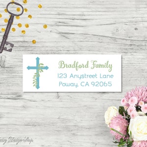 120 self-sticking labels with FREE U.S Religious Baptism Holy Communion Shipping Cross with Leaves Return Address Labels