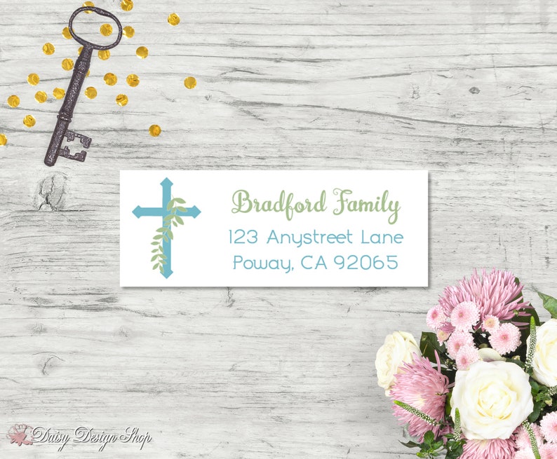 120 self-sticking labels with FREE U.S Religious Baptism Holy Communion Shipping Cross with Leaves Return Address Labels