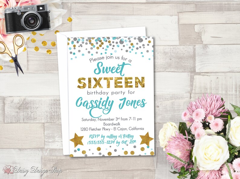 Printed OR Digital with FREE U.S Sweet 16 Glitter Confetti and Stars Shipping 10 Birthday Party Invitations