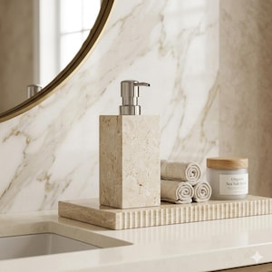 May include: A beige marble soap dispenser with a silver pump sits on a matching tray. Rolled beige towels and a jar of "Organic Sea Salt Scrub" are also on the tray, suggesting a spa or bathroom theme.