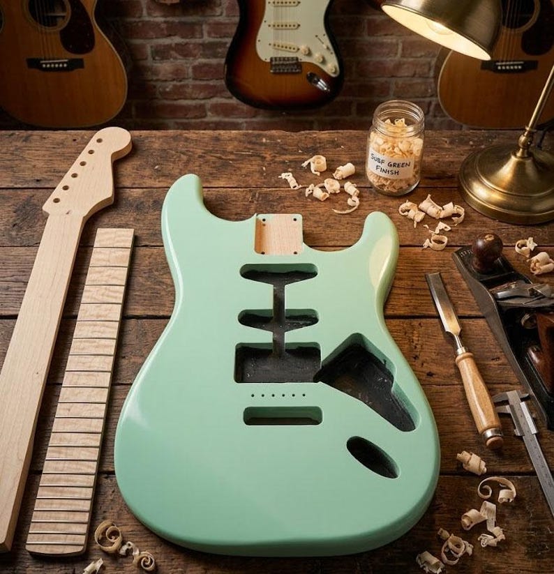 May include: A light mint green electric guitar body with routed cavities, a separate unfinished maple guitar neck, and a fretboard. Wood shavings are scattered nearby, along with a glass jar labeled Surf Green Finish and woodworking tools.