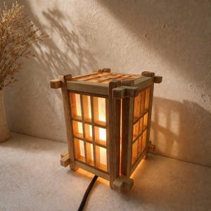 Op de afbeelding: Een houten lantaarn met een vierkant frame en een rasterachtig ontwerp. De lantaarn is gemaakt van lichtgekleurd hout en heeft een warm, gloeiend licht van binnenuit. Het ontwerp doet denken aan traditionele Japanse architectuur.