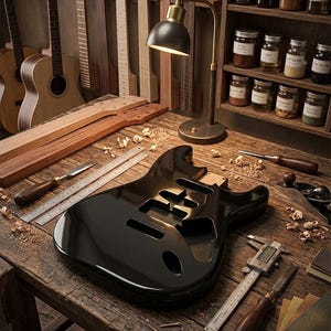 Könnte beinhalten: Ein glänzend schwarzer E-Gitarrenkorpus liegt auf einer Werkbank aus Holz, umgeben von Instrumentenbauwerkzeugen wie einem Metalllineal, einem Messschieber und Stechbeiteln. Eine Schreibtischlampe beleuchtet den Arbeitsplatz mit Gitarrenhälsen.