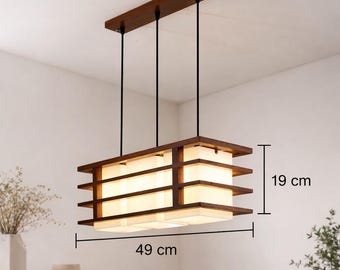 Lámpara colgante de estilo japonés de madera de teca, acabado marrón nogal, 3 pantallas