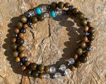 The Woodland Mala Beads with Silkwood, Sandalwood, Selenite and Hematite