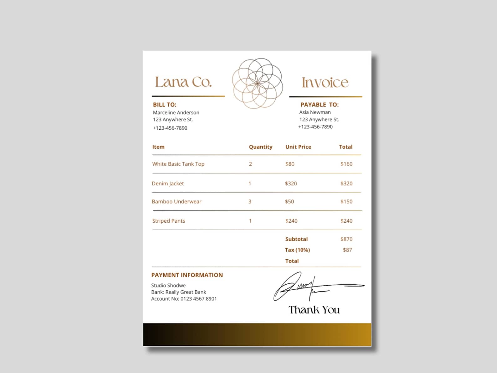 Editable Chic Black and Gold Minimalist Business Invoice, Professional ...
