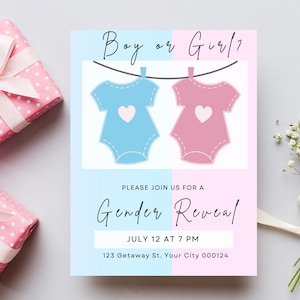 Boy or Girl Clothesline Gender Reveal Invitation | Pastel Pink & Blue Baby Shower Template | Editable Digital Canva Download