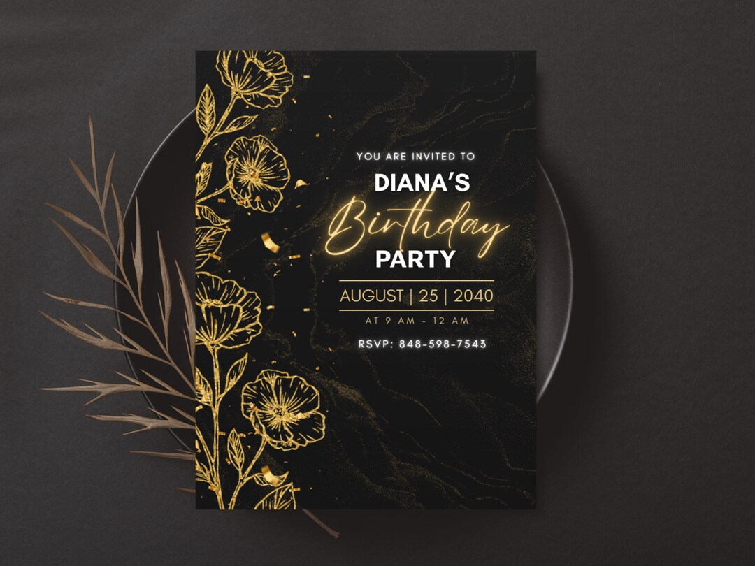Editable Black and Gold Luxury Birthday Invitation, Digital Birthday ...