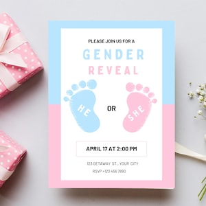 He or She Footprint Gender Reveal Invitation | Editable Pink & Blue Baby Shower Template | Digital Canva Download