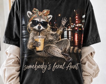 Somebodys Feral Aunt Png, Funny Raccoon Trash Panda Sublimation, Cool Auntie Club Graphic, Retro Coffee Animal Design, Sarcastic Gift File