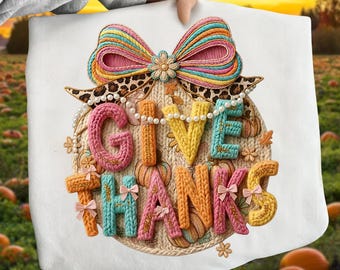 Preppy Give Thanks faux yarn PNG, Preppy Leopard Pumpkins Autumn PNG, Preppy Thanksgiving PNG, Thankful Png, Faux Glitter, Coquette Png