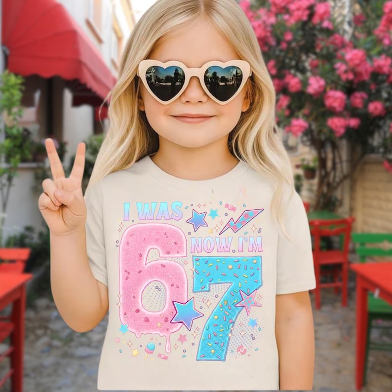 May include: A young child wearing heart-shaped sunglasses and a beige t-shirt with the text "I WAS 6, NOW I'M 7". The number 6 is pink and the number 7 is blue, with star and lightning bolt graphics.