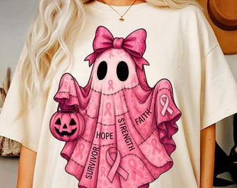 Pink Ribbon Ghost PNG: Breast Cancer Awareness Halloween Sublimation (Digital Download
