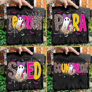 May include: Black tote bags with Halloween-themed designs. Each bag features a ghost character holding a pencil, with text that reads "TEACHER", "PARA", "SPED", and "COUNSELOR" in various fonts and colors. Bats and spiderwebs decorate the background.