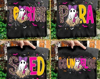 Spooky Teacher Bundle Para Counselor PNG, Preppy Fall Ghost, Pink Leopard Boo Design, SPED Teacher Halloween Shirt, Teacher Pencil Bow Png