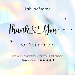 May include: A digital graphic with the text "Thank You For Your Order" in a cursive font, with a heart symbol replacing the "o" in "You". The background has a soft, iridescent effect, with the shop name "LabubeStoree" at the top.