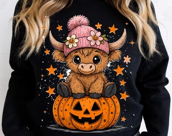Funny Halloween Cow PNG: Retro Pumpkin Highland Cow Shirt Design , Digital Download