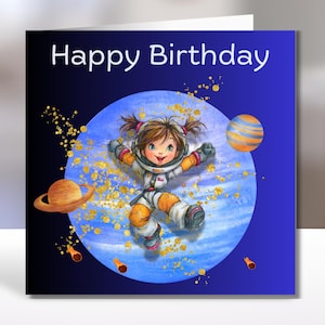 Vibrant Space Girl Astronaut Greeting Card - Quirky Celestial Design for Young Cosmic Enthusiasts