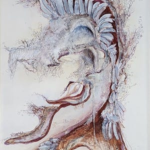 May include: Abstract painting with a natural theme. The artwork features a central, tree-like form with brown, white, and blue hues. Delicate, branch-like structures and bubble-like details add texture and depth to the piece.