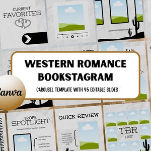 Könnte beinhalten: Eine Canva-Karussellvorlage für Western Romance Bookstagram mit 45 bearbeitbaren Folien. Das Design zeigt eine neutrale Farbpalette mit Bildern von Kakteen, Landschaften und Textfeldern. Der Titel "Western Romance Bookstagram" ist deutlich sichtbar.