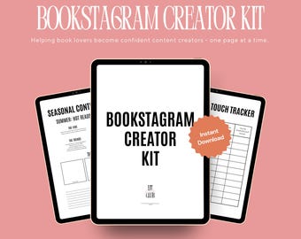Può includere: Un kit digitale Bookstagram Creator su tre tablet, con il testo "BOOKSTAGRAM CREATOR KIT". I tablet sono su uno sfondo rosa. Un tablet dice "SEASONAL CONT" e un altro "TOUCH TRACKER". Un adesivo arancione dice "Download istantaneo".