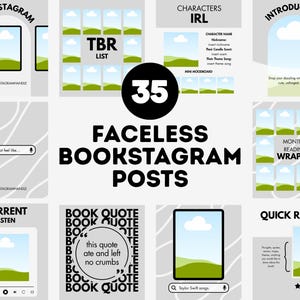 Puede incluir: Un conjunto de 35 plantillas de publicaciones de Faceless Bookstagram. Las plantillas incluyen diseños para listas TBR, introducciones de personajes, citas de libros y reseñas rápidas. Cada plantilla presenta un diseño minimalista con una imagen de paisaje y texto.