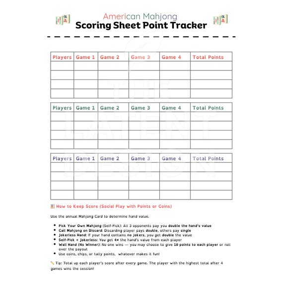 Printable Mahjong Score Card 2026, NMJL Scoring Sheet, Mahjong Scoring Rules, Beginner Score Tracker PDF Download
