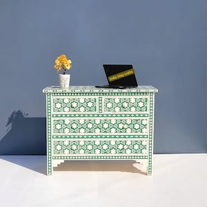 Turquoise Floral Bone Inlay Chest of Drawers: Handmade Mango Wood Cabinet