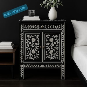 Handcrafted Bone Inlay Bedside Table: Mango Wood, Floral Design
