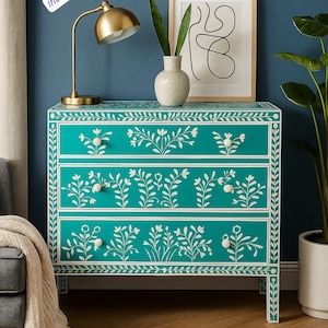Turquoise Floral Bone Inlay Chest of Drawers: Handcrafted Mango Wood