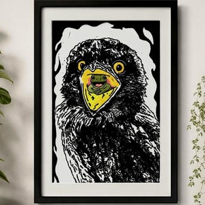 Tawny Frogmouth Linoprint | Quirky Australian Bird Wall Art, A4 (Black & White or Watercolour)