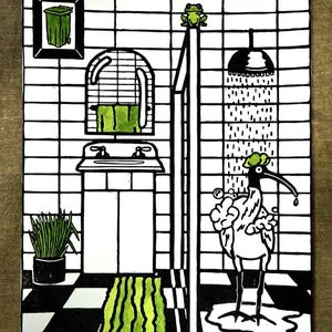 Ibis in the Shower Linocut Print – Funny Bathroom Bird Wall Art – Hand Printed Linoprint