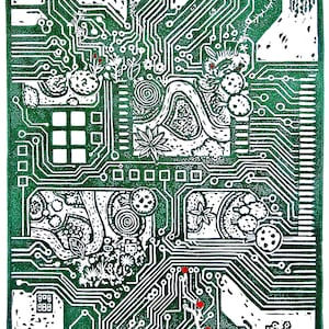 May include: A green and white linocut print depicting a circuit board design with botanical elements. The artwork features white lines forming the circuit pathways, with stylized flowers, leaves, and other organic shapes. Small red dots are scattered throughout the design.